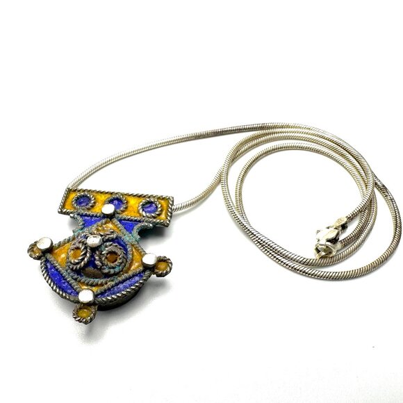 1990s Berber Enamel Small Blue/Yellow Pendant—From the Bazaars of Marrakesh—GUC - Picture 2 of 8